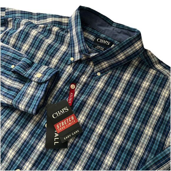 Chaps Stretch Easy Care Men’s 3XLT Blue Plaid Long Sleeve Button Down Shirt NWTS - Picture 1 of 6